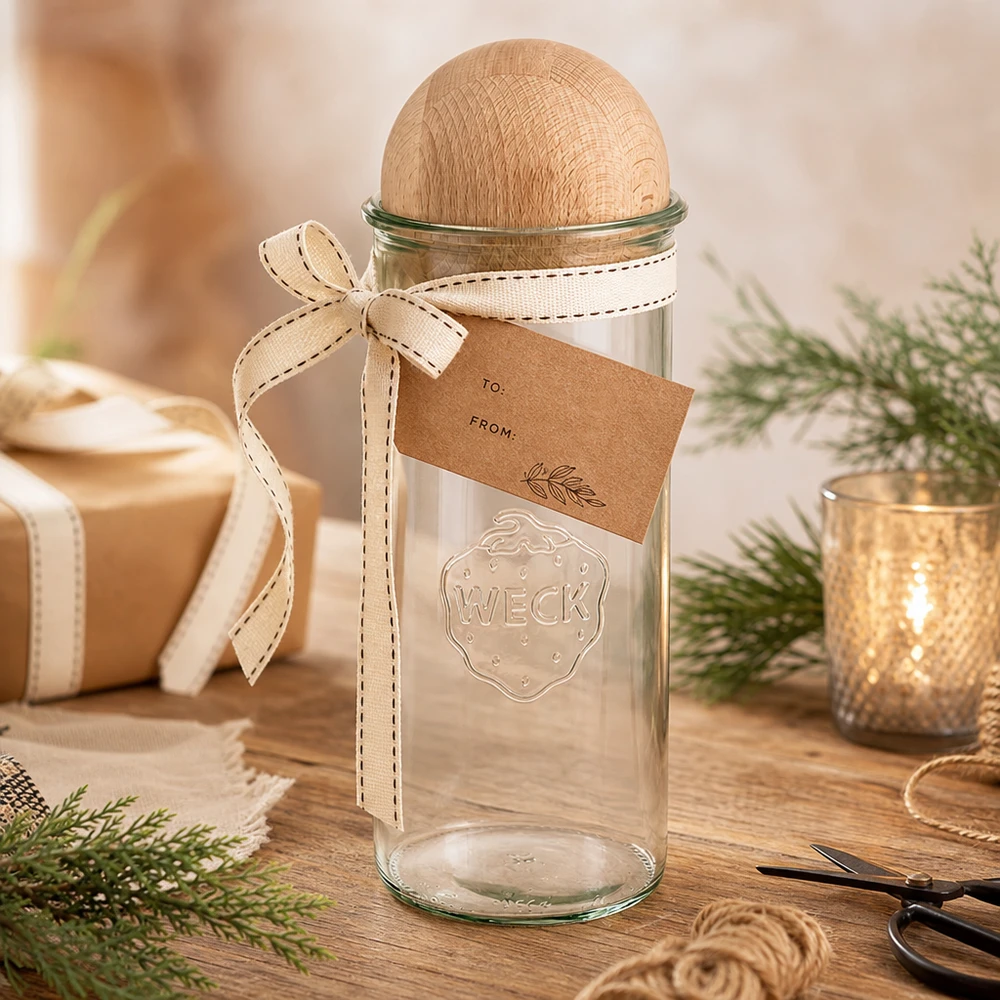 Vasos de 1500ml WECK RR100 con bola de madera de haya Vasos WECK 1500ml RR100 como envase de regalo decorado con bola de madera de haya, cinta de regalo y etiqueta