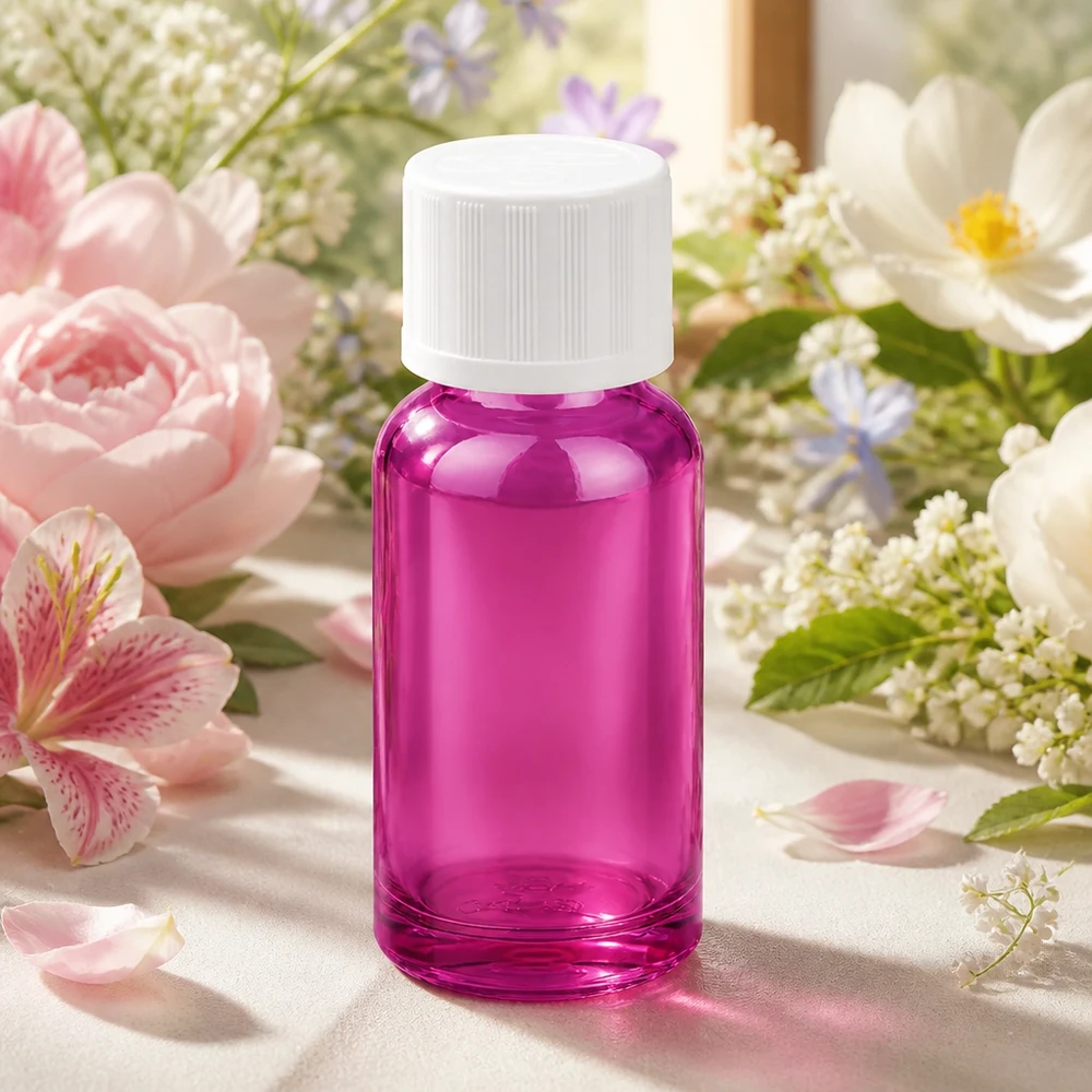 Pequeño frasco de vidrio de 20 ml en elegante violeta con tapón blanco para aplicaciones móviles