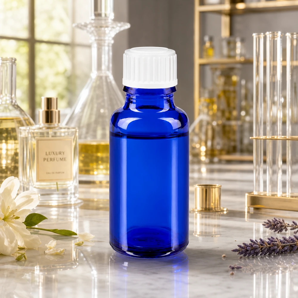 Frasco de cristal azul cobalto de 20 ml con tapón blanco, rodeado de flores de lavanda y jazmín