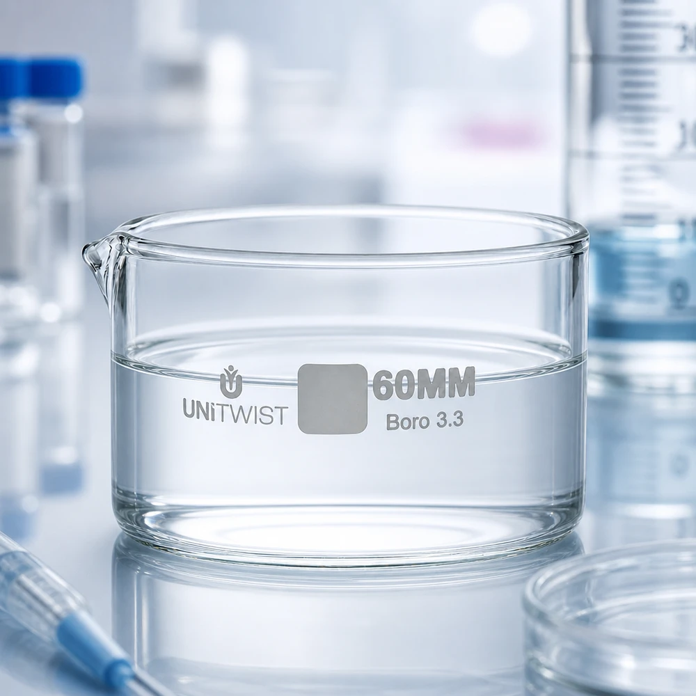 Plato cristalizador ø60mm vidrio borosilicato UNiTWIST Bandeja de cristalización UNiTWIST de 60 mm llena de agua clara sobre una encimera de laboratorio brillante