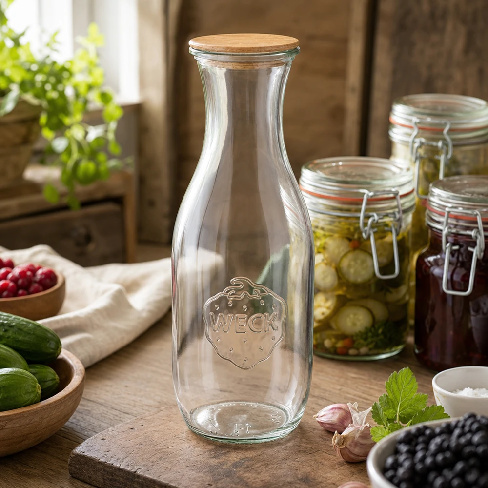 WECK 1062ml botella de zumo con tapa de madera en cocina rústica con tarros de conservas vegetales y decoración natural