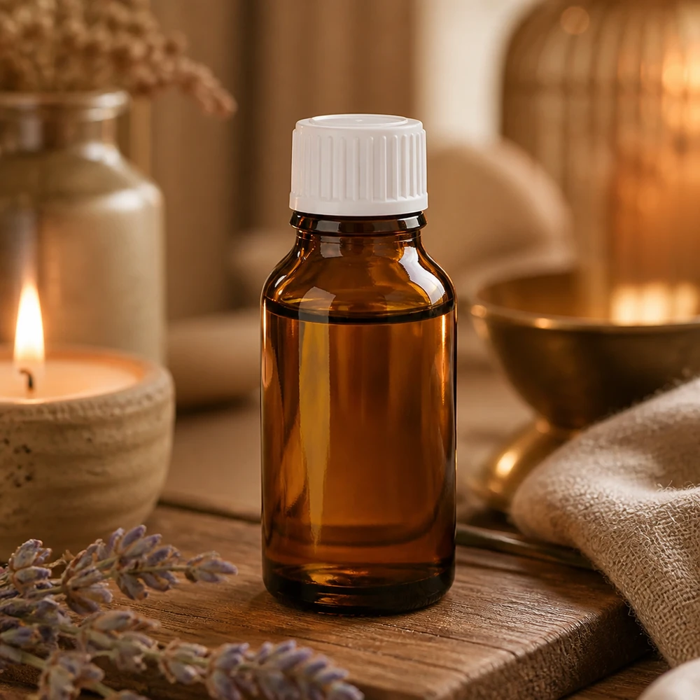 Frasco de farmacia de 30 ml de color ámbar con tapón de rosca blanco sobre fondo de madera con lavanda