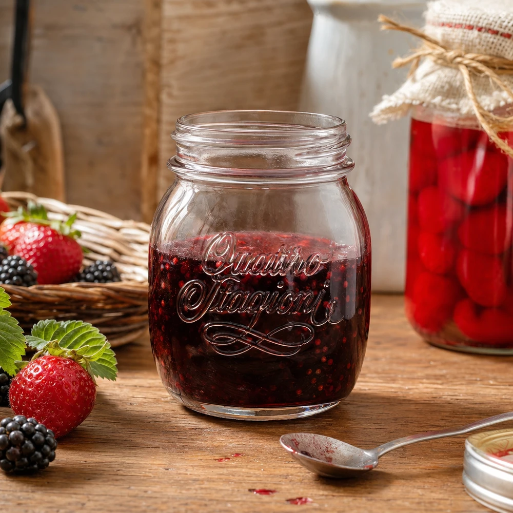 Vaso redondo 700ml "Quattro Stagioni" QS86mm Tarro doméstico Quattro Stagioni de 700 ml lleno de mermelada de bayas sobre una mesa de madera con fresas y moras frescas