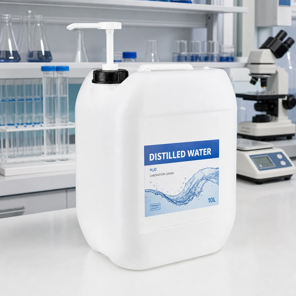 Bidón de laboratorio de 10 litros con bomba para agua destilada (H₂O) en un entorno de laboratorio profesional