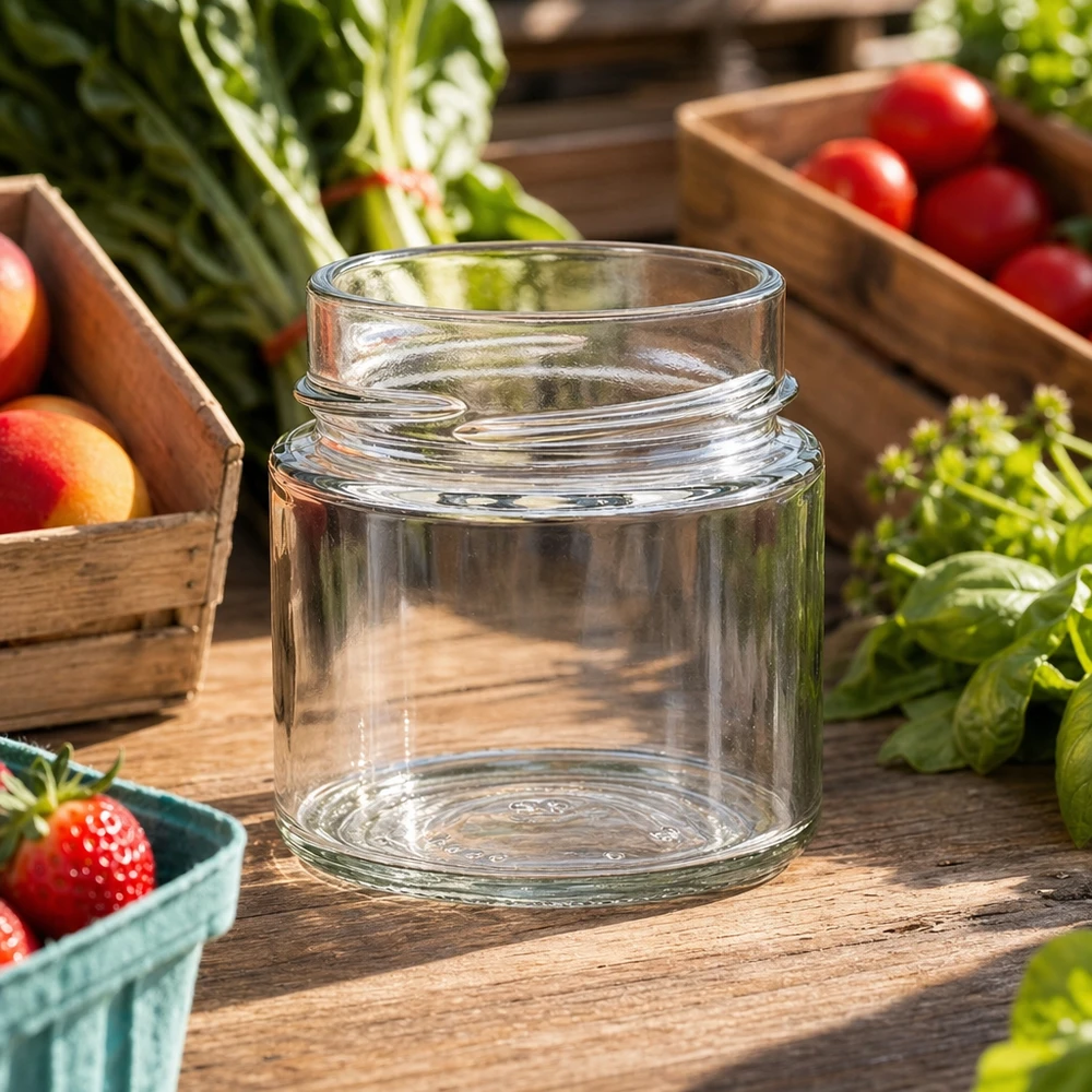 Tarro de cristal redondo de 135ml sin tapa (TO58deep) UNiTWIST UNiTWIST Runda135 tarro redondo 135ml tarro de conserva TO58deep sobre mesa de madera con frutas y verduras frescas