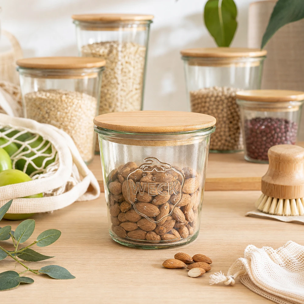 WECK 580ml mason jar con tapa de madera como tarro de almacenamiento para frutos secos en la organización de la cocina sostenible