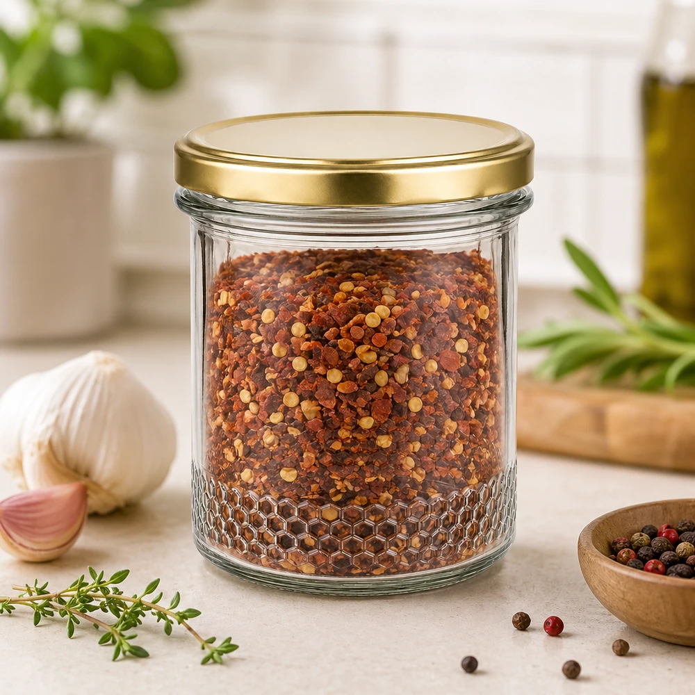 Tarro de miel de 400 ml con tapa BasicSeal oro UNiTWIST como tarro de especias para copos de guindilla en un ambiente de cocina