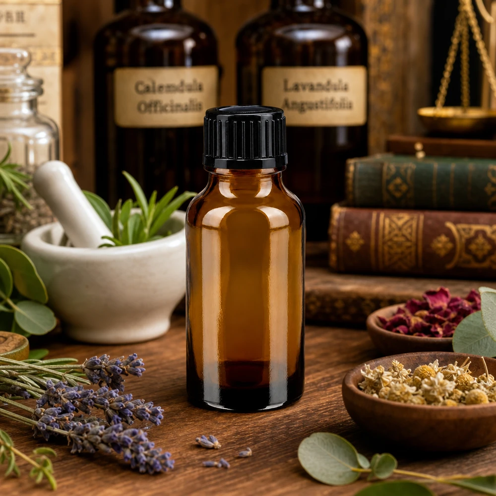 Frasco de cristal marrón de 20 ml con tapón negro, junto a las tinturas de caléndula y lavándula officinalis