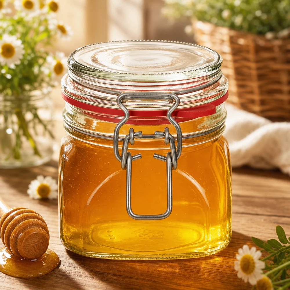 Tarro de conserva de 370 ml lleno de miel y resistente tapa abatible para edulcorantes naturales