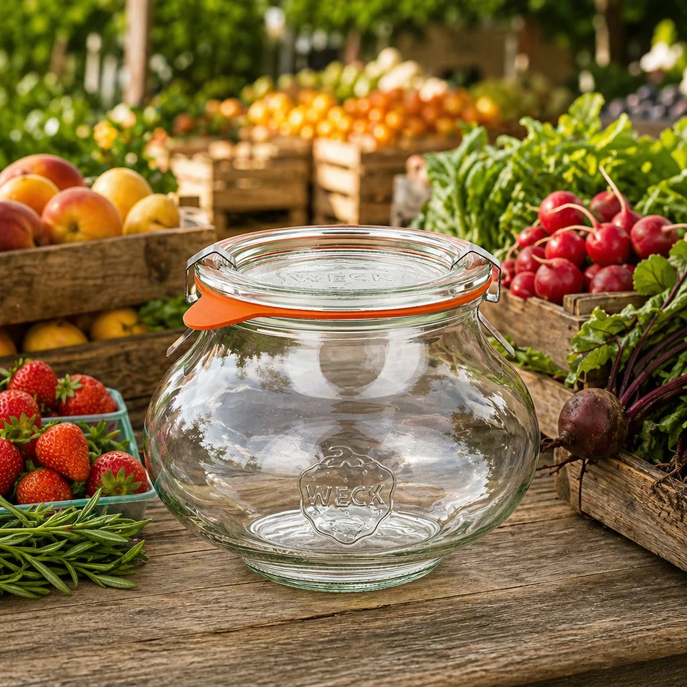 Frasco decorativo de 560 ml, completo, WECK RR80 Tarro decorativo WECK 560ml RR80 sobre mesa de madera entre frutas y verduras frescas, escena de mercado natural con tarro de conserva