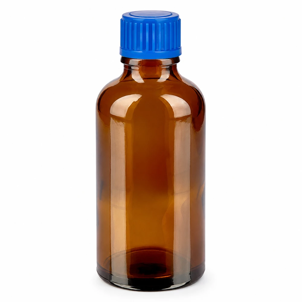 Botella 50ml tapón rosca 11mm azul estándar BrownLine UT18/50 Frasco de vidrio ámbar de 50 ml con tapón de rosca azul para medicamentos y productos farmacéuticos