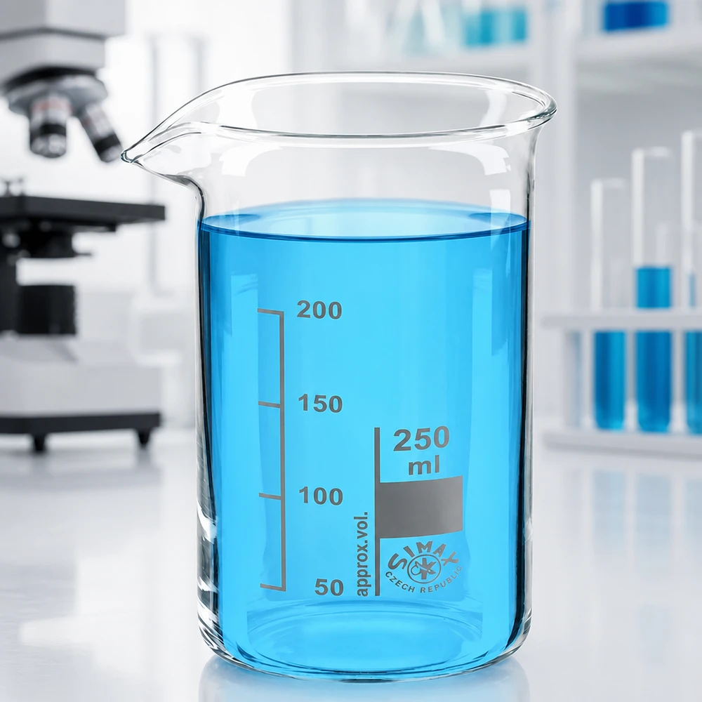 Vaso de precipitados vacío de 250 ml, de forma alta, de vidrio borosilicato, con pico vertedor, sobre una mesa de laboratorio blanca