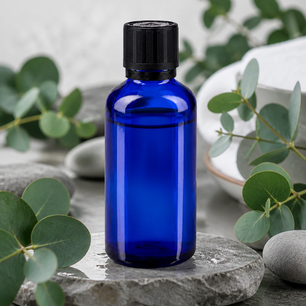 Botella de farmacia tapón cuentagotas 50ml azul anillo vertedor 1mm negro cierre de seguridad para niños símbolo de advertencia ciego cierre inviolable Frasco de farmacia azul de 50 ml con tapón de seguridad para niños de color negro, sobre piedras naturales con ramitas de eucalipto