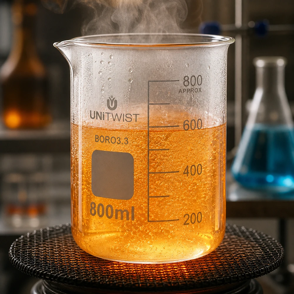 Vaso 800 ml borosilicato, molde bajo UNiTWIST Vaso de precipitados UNiTWIST de 800 ml con un líquido naranja en ebullición, calentado sobre una rejilla metálica
