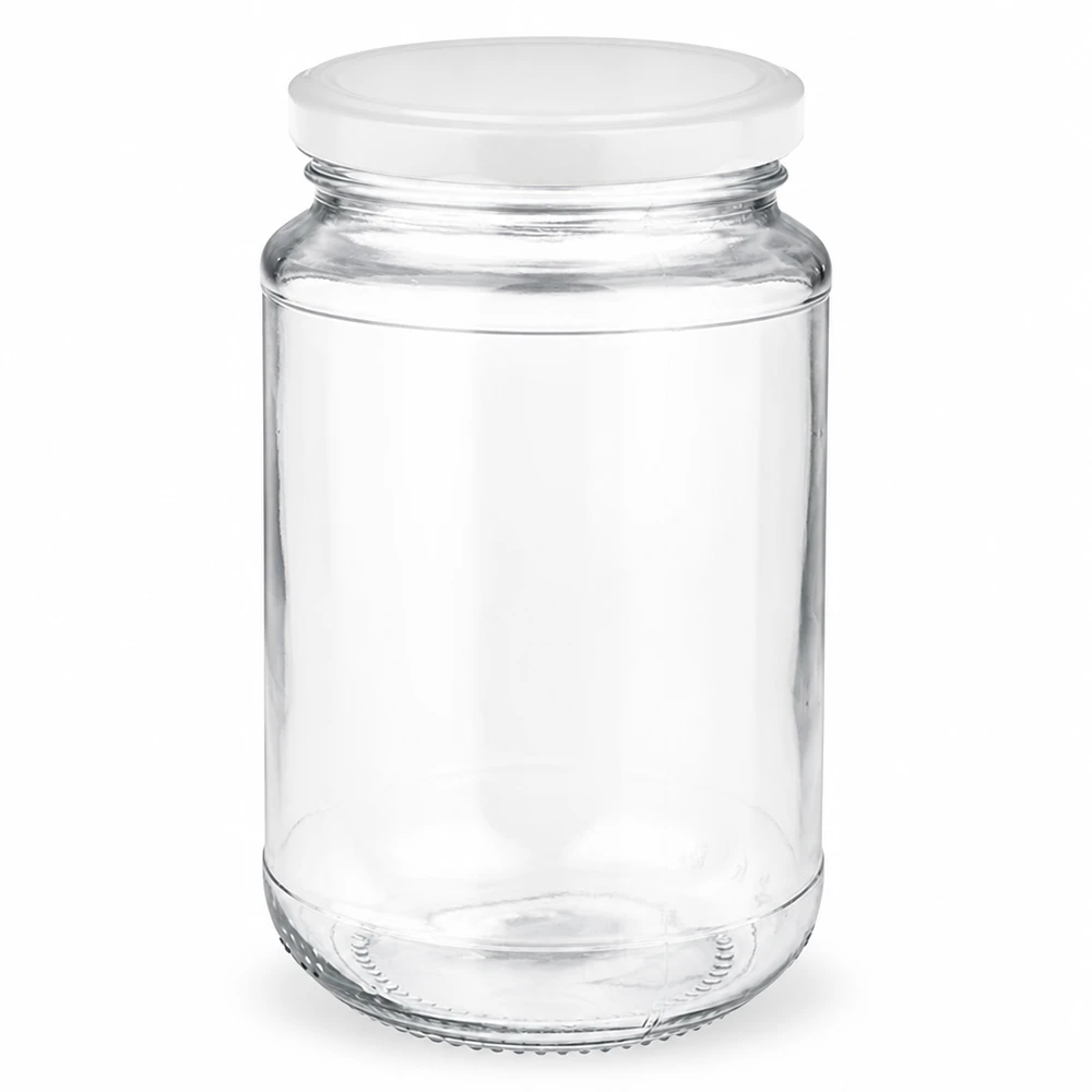 Vaso redondo de 320 ml con tapa BasicSeal blanca de UNiTWIST, vacío y transparente sobre fondo blanco