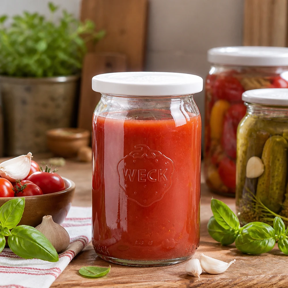 Tarro cilíndrico de 145ml con tapa de frescura WECK RR40 Tarro de conserva WECK RR40 145ml lleno de salsa de tomate rojo en cocina rústica con hierbas y verduras frescas