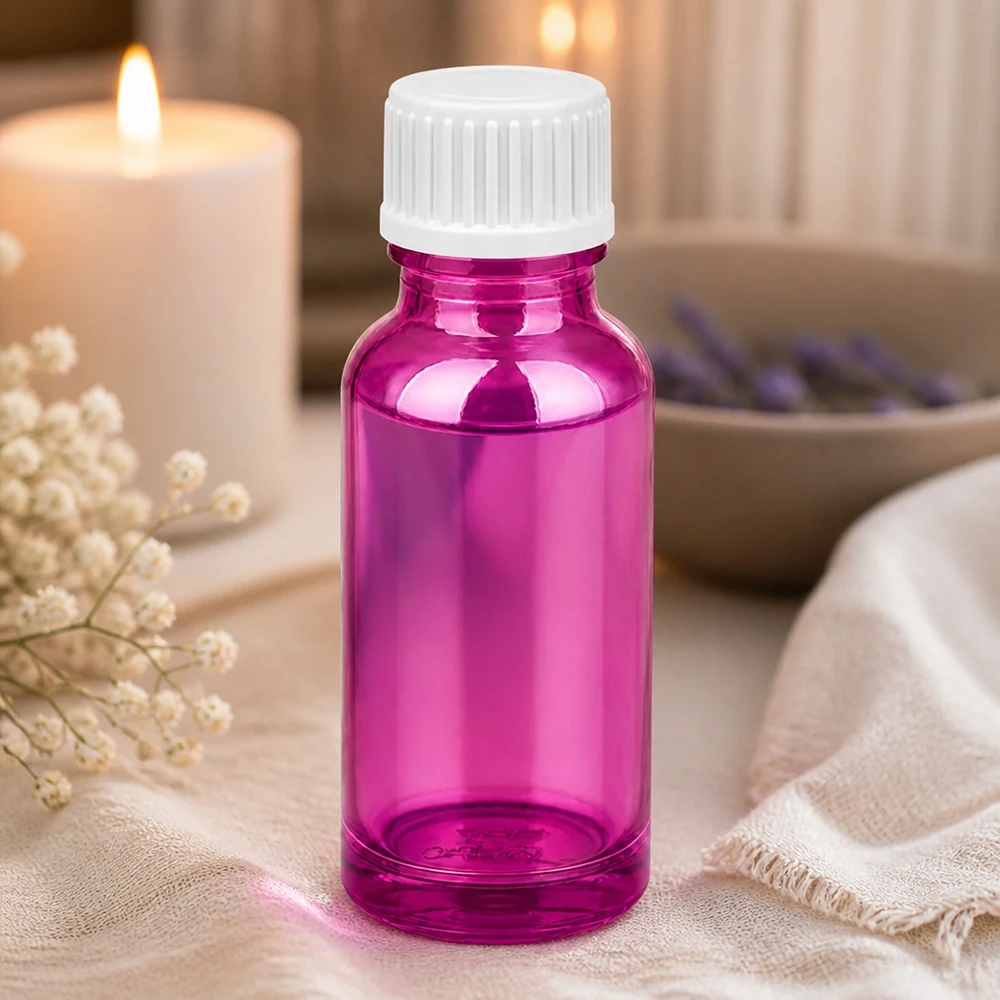 Frasco gotero compacto de 20 ml de color morado brillante para aplicaciones de aromaterapia con tapón blanco