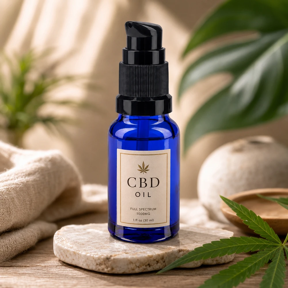 Frasco de cristal azul cobalto de 10 ml con dosificador de bomba negro para aceite de CBD y cosmética natural