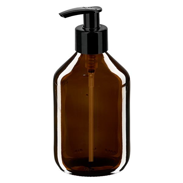 Frasco para medicamentos de 300 ml marrón, con bomba dispensadora negra ApoGlas Frasco para medicamentos de 300 ml marrón, con bomba dispensadora negra ApoGlas
