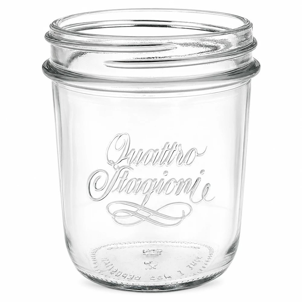 Vasos vacíos Quattro Stagioni de 320 ml con rosca QS86 mm y elegante inscripción para conservas y enlatado