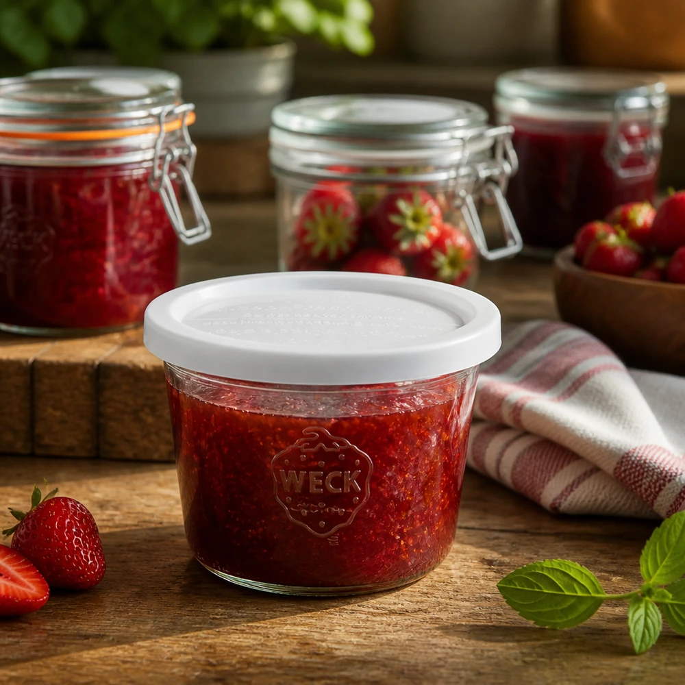 Tarro de cristal de 370 ml con tapa hermética WECK RR100 Tarro WECK 370ml RR100 lleno de mermelada de fresa en una cocina rústica junto a fresas frescas y tarros de conserva