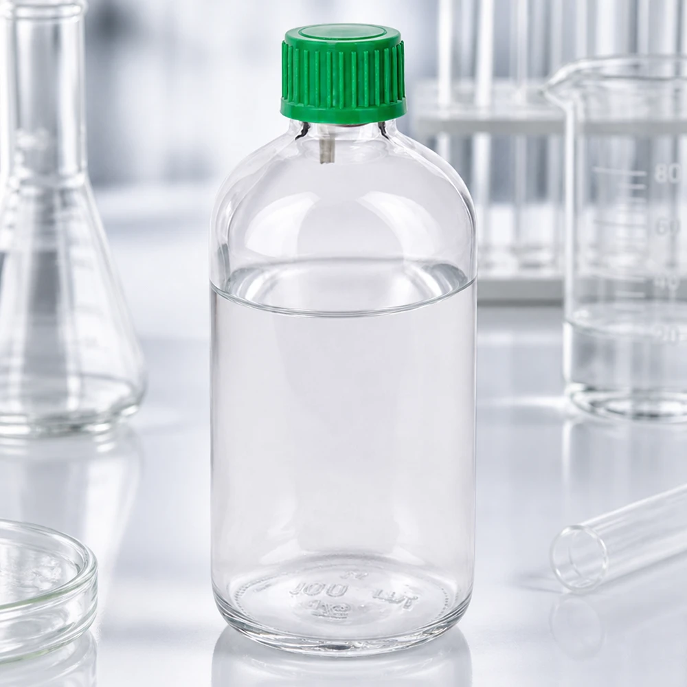 Envase de laboratorio: frasco cuentagotas ClearLine UT18 de 100 ml con tapón verde y cuerpo de cristal transparente