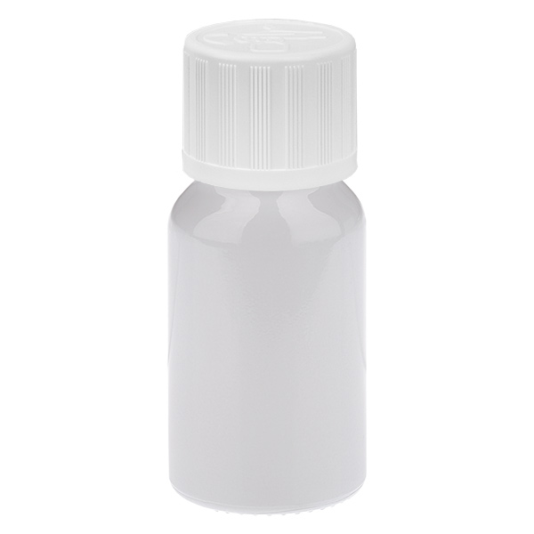 Botella de 10 ml con tapón de rosca de 11 mm blanco estándar con cierre de seguridad para niños WhiteLine UT18/10 Botella de 10 ml con tapón de rosca de 11 mm blanco estándar con cierre de seguridad para niños WhiteLine UT18/10
