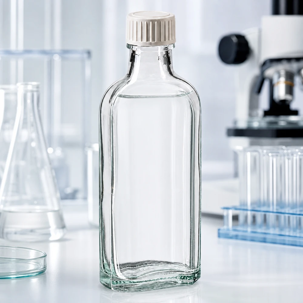 Tapón de rosca transparente Meplat de 100 ml con incrustación de espuma PE Botella de laboratorio plana de 100 ml, de cristal transparente con tapón de rosca de plástico blanco