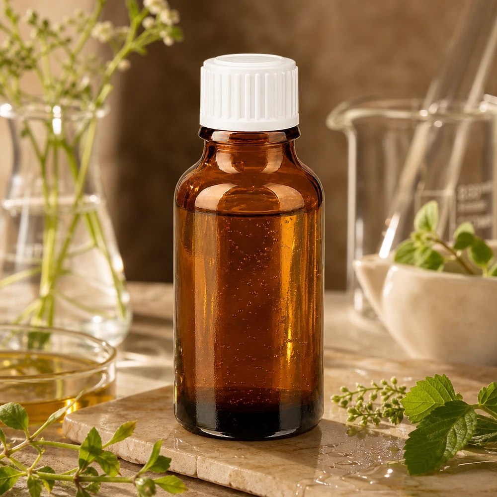 Frasco de farmacia marrón de 20 ml con tapón de rosca blanco, rodeado de hierbas frescas y plantas medicinales