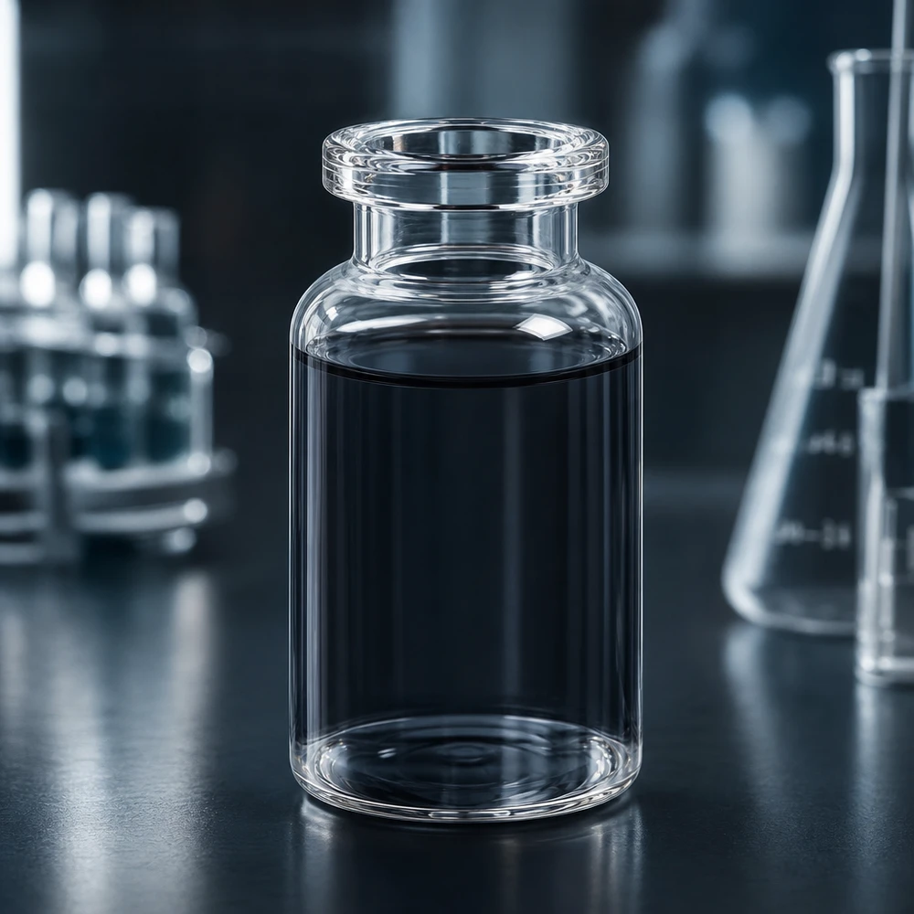 Frasco de inyección de vidrio transparente 10ml Hochwertige Klarglas Injektionsflasche 10ml mit breitem Mündungsring und dunklem Flüssigkeitsinhalt