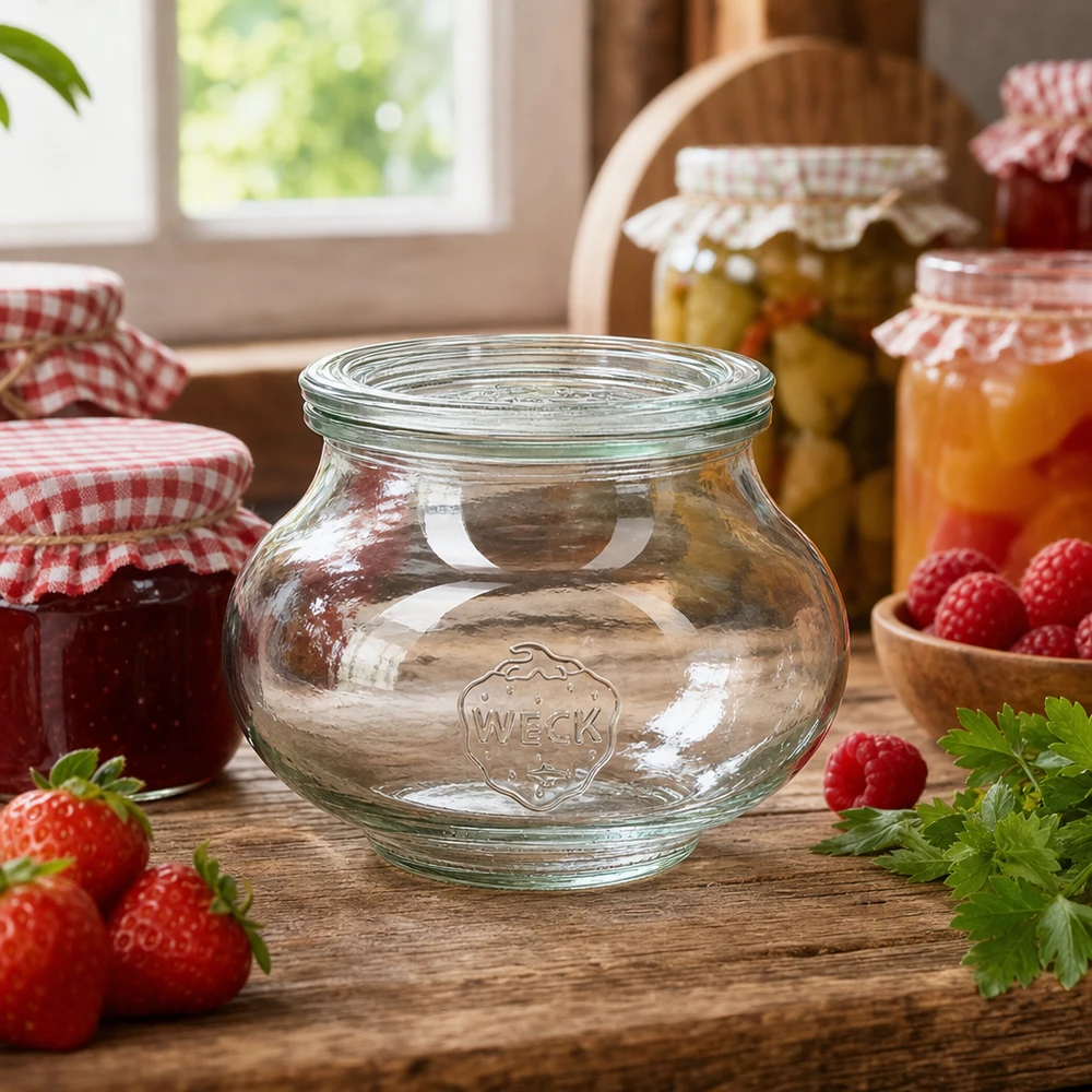 Frasco decorativo de 560 ml con tapa de cristal WECK RR80 Tarro de conserva WECK RR80 560ml en cocina rústica decorado con mermelada, fruta y otros tarros de conservación