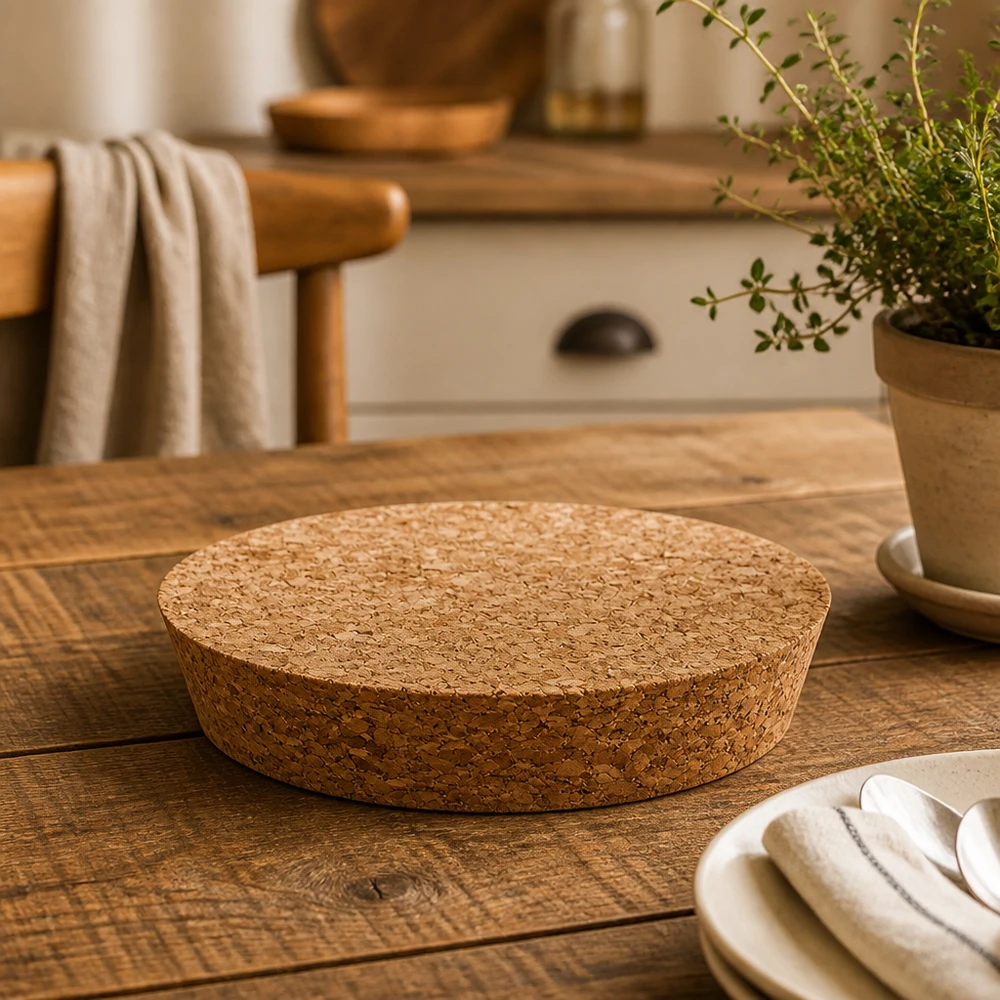 Corcho para apertura de 94mm WECK RR100 (ø97/90, H=20mm) WECK RR100 corcho plano detalle sobre mesa de madera con utensilios de cocina y maceta de hierbas tapa de corcho natural 20mm de altura