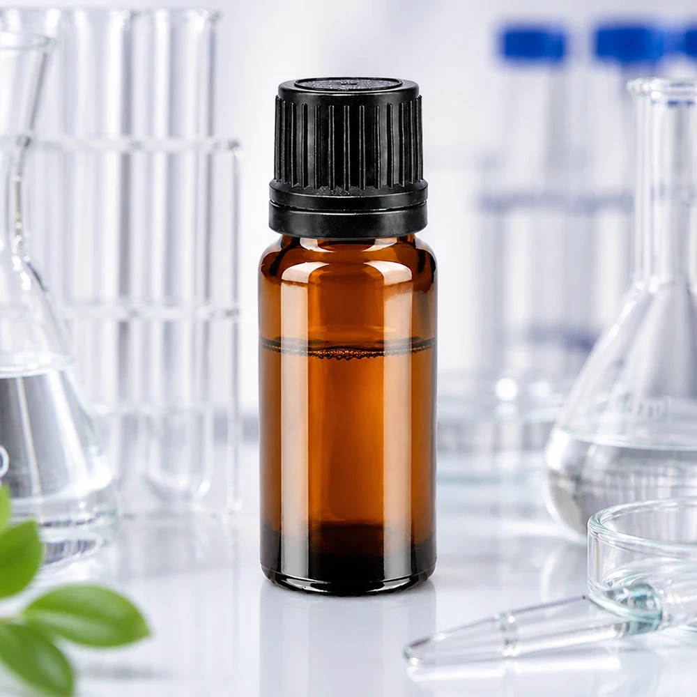 Frasco de vidrio ámbar de 10 ml con tapón de rosca negro y gotero, para uso en laboratorio