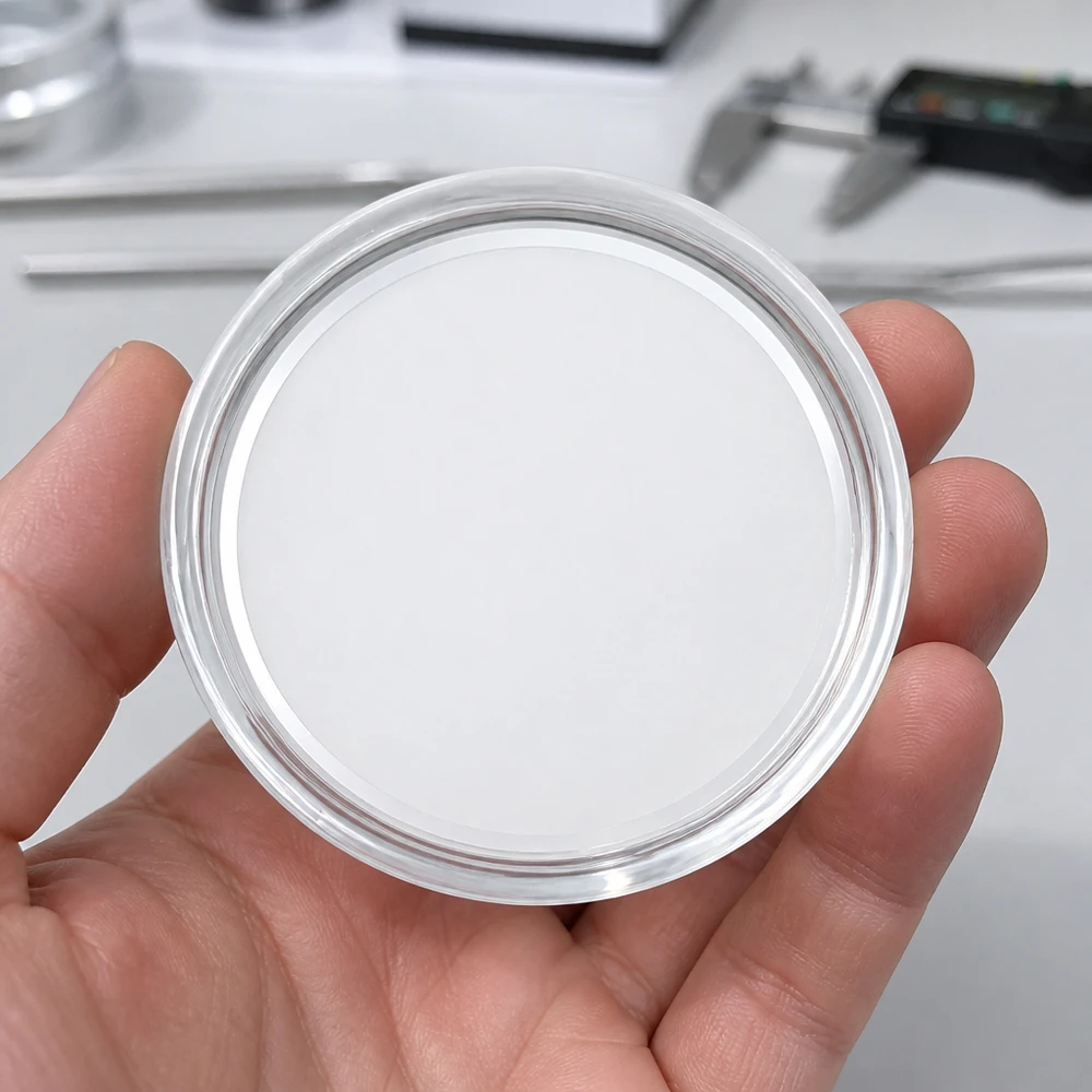 Borde transparente de la tapa blanca BasicSeal de 58 mm TO58 UniTwist sobre la palma de la mano