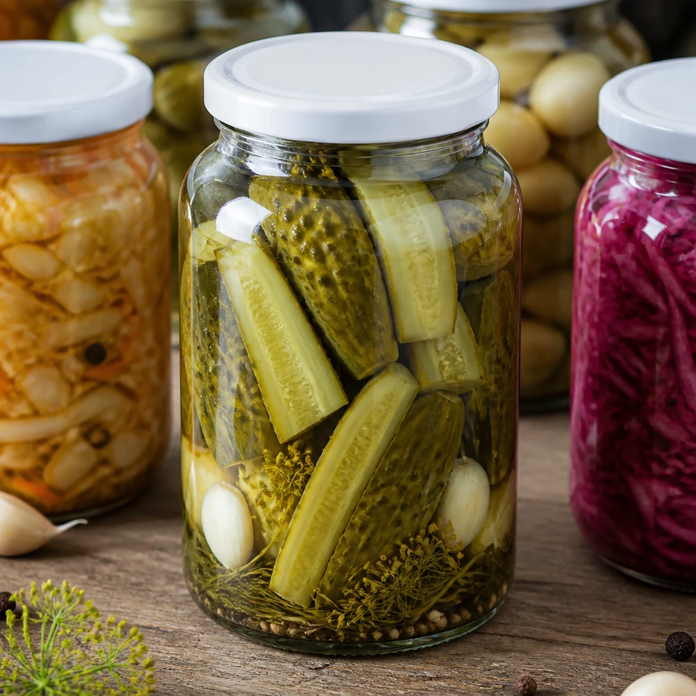 Tarro redondo de 1700 ml como tarro de conserva para pepinos encurtidos con tapa BasicSeal muestra la conservación de verduras