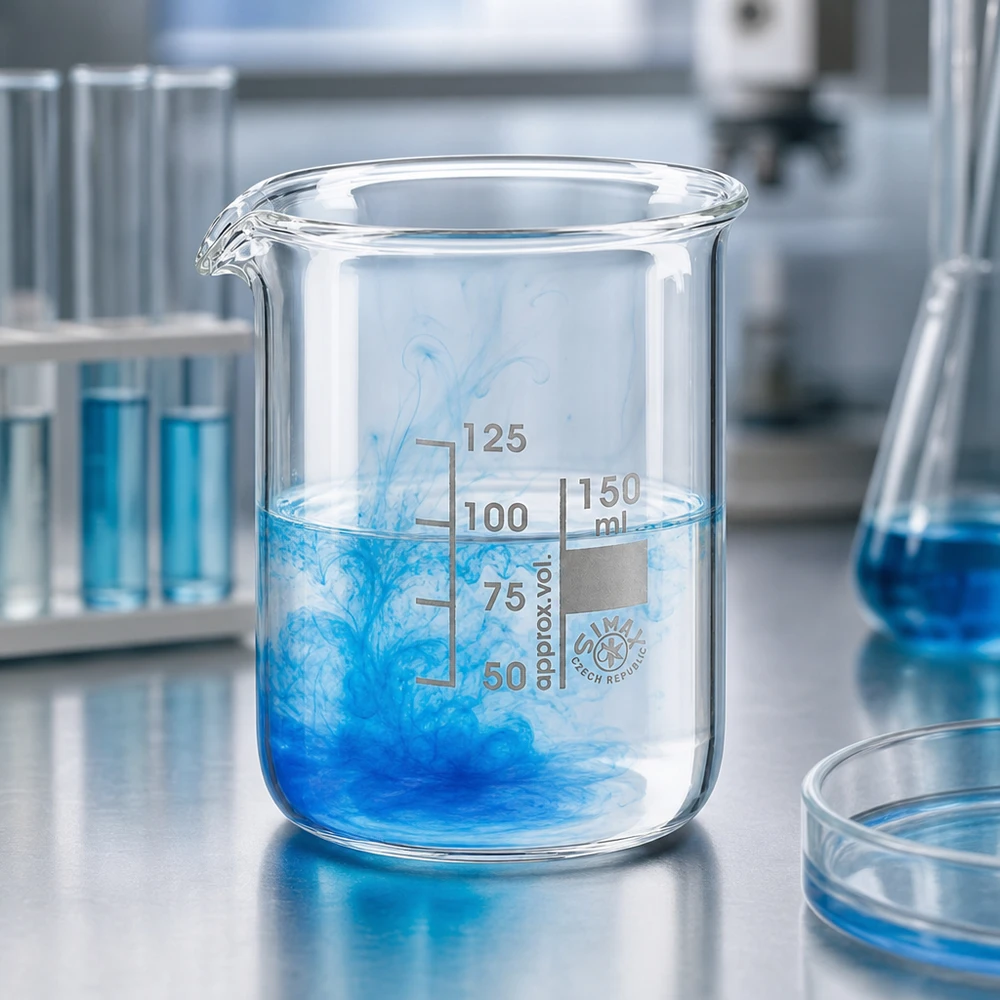 Vaso de vidrio borosilicato resistente al calor de 150 ml con líquido azul en moderno diseño de laboratorio