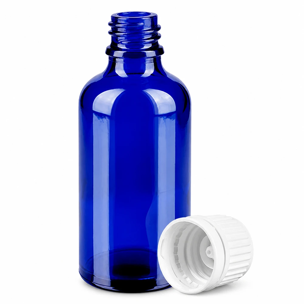 Botella 50ml tapón rosca 11mm blanco cierre inviolable BlueLine UT18/50 Frasco de vidrio azul cobalto de 50 ml con rosca y tapón blanco para aceites esenciales