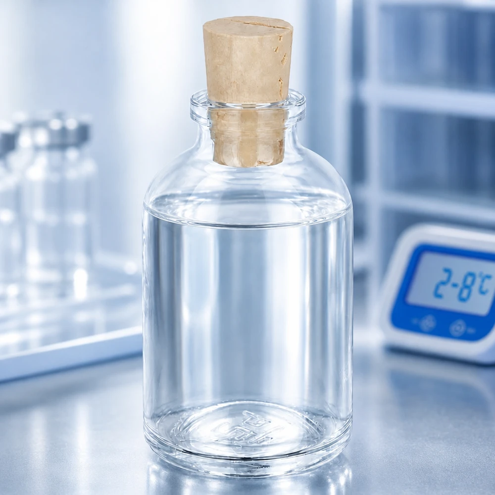 Botella de vidrio transparente 50ml con tapón 11/14mm Apothekerflasche Klarglas 50ml mit Korken 11/14mm halb gefüllt mit klarer Lösung im Kühlbereich