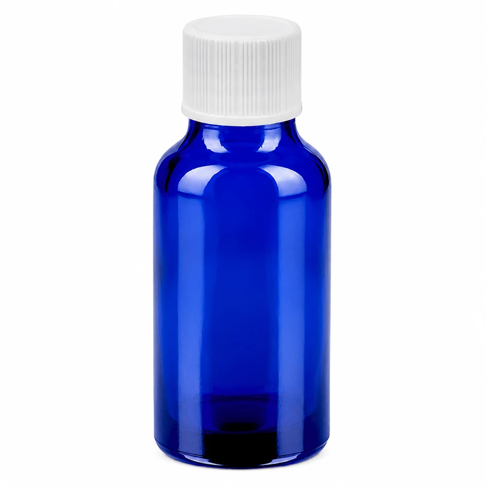 Frasco de vidrio azul de 20 ml con tapón de rosca blanco para aceites esenciales y cosméticos