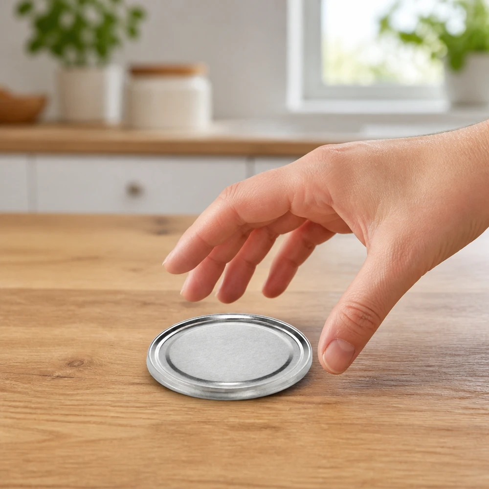 Una tapa individual plana TO82 Twist-Off de 82 mm, color plata, de la marca BasicSeal, sobre una mesa de madera en la cocina