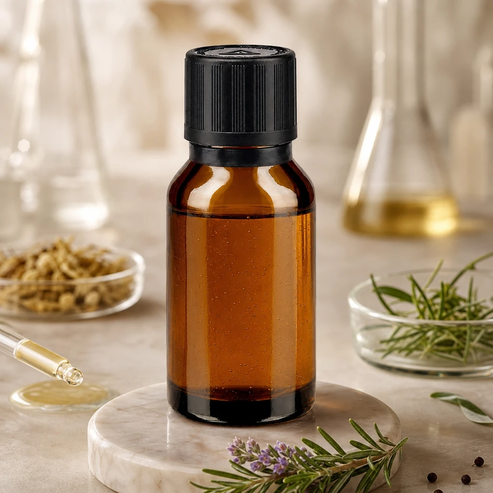 Frasco de farmacia de 15 ml de color ámbar con gotero, rodeado de romero y material de vidrio de laboratorio
