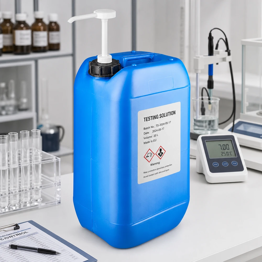 Bidón azul de HDPE de 15 litros con asa ergonómica y bomba dosificadora blanca