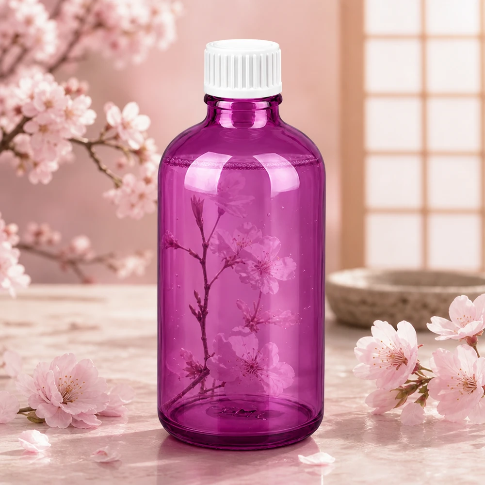 Frasco de 100 ml (glóbulo) Anillo vertedor de 3 mm blanco PurpleLine estándar. UT18/100 Botella de vidrio redonda de 100 ml en un elegante diseño morado con práctica rosca UT18