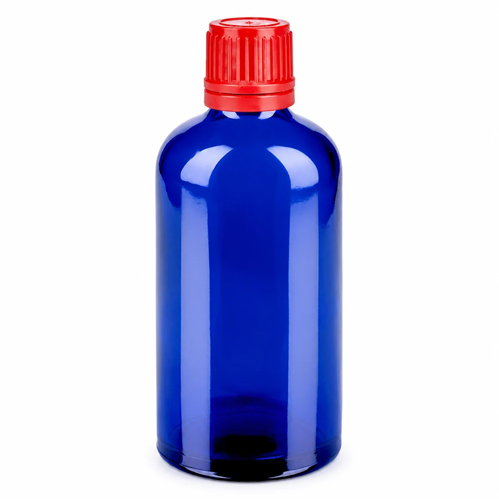 Botella de vidrio azul de 100 ml con tapón de rosca rojo SV 11 mm OV BlueLine UT18/100