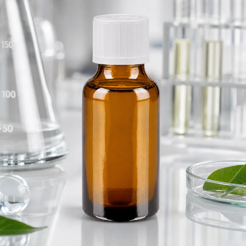 Frasco de farmacia de 20 ml de vidrio ámbar con tapón de seguridad para niños de color blanco, en un entorno de laboratorio
