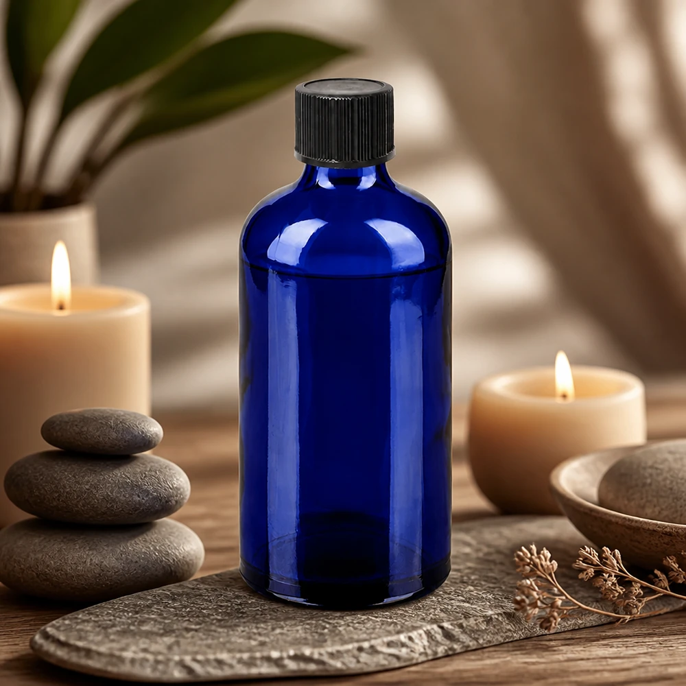 Frasco gotero azul cobalto de 100 ml con protección UV y tapón negro para sustancias fotosensibles
