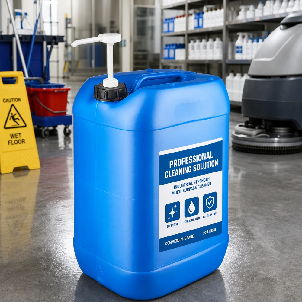 Bidón azul de 25 litros para productos de limpieza con bomba dosificadora en un entorno de limpieza profesional