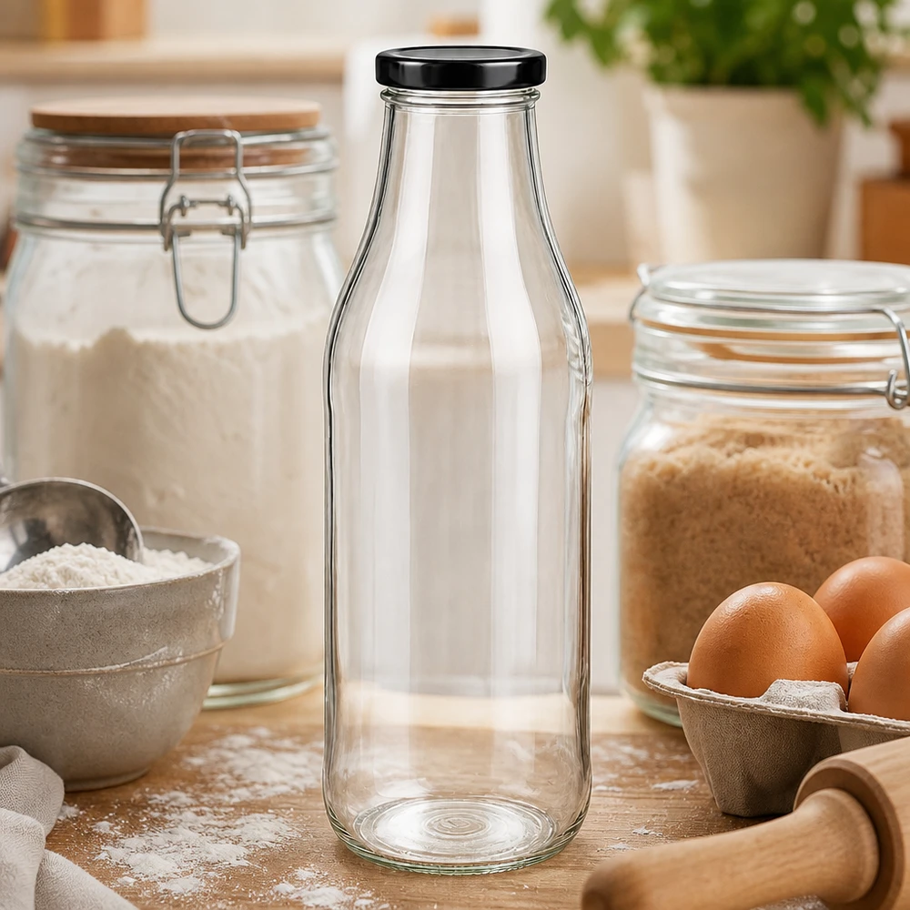 Botella de cristal de 1000 ml vacía sobre mesa de madera entre ingredientes de repostería, huevos y harina como menaje de cocina