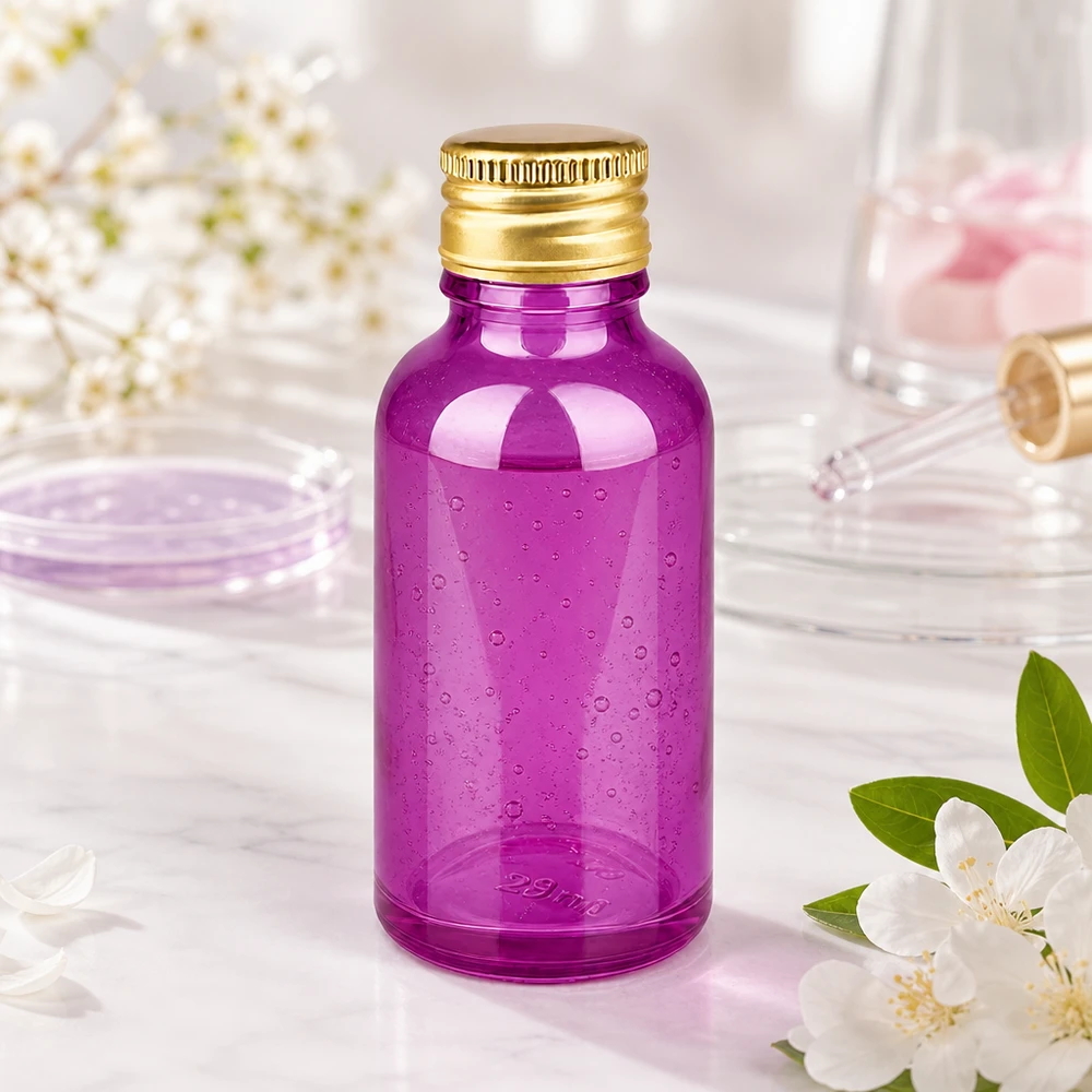 Frasco compacto de vidrio de 30 ml en elegante color morado con rosca STD para una dosificación precisa de los productos cosméticos