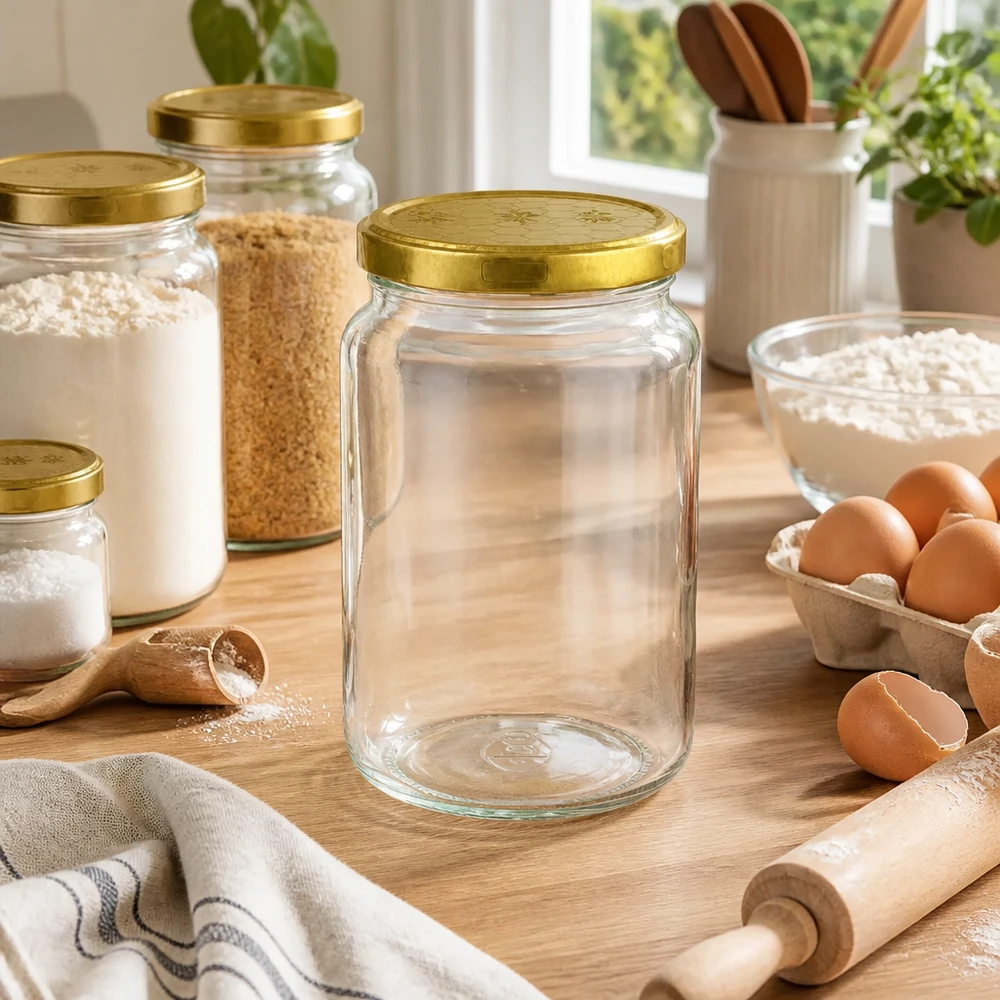 Tarro redondo 795ml + tapa BasicSeal panal UNiTWIST Tarro redondo vacío de 795 ml con tapa de panal dorada en escena de cocina con huevos e ingredientes de repostería